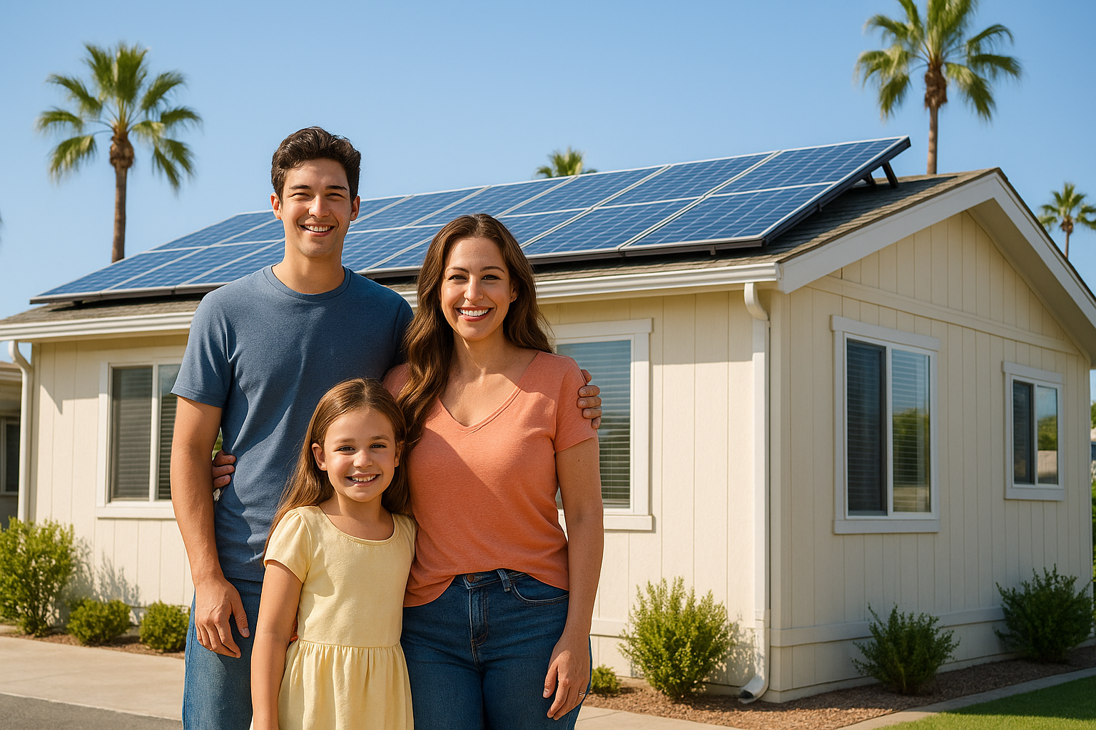 Family In Front of Their Mobile Home with Solar Panels in Southern California