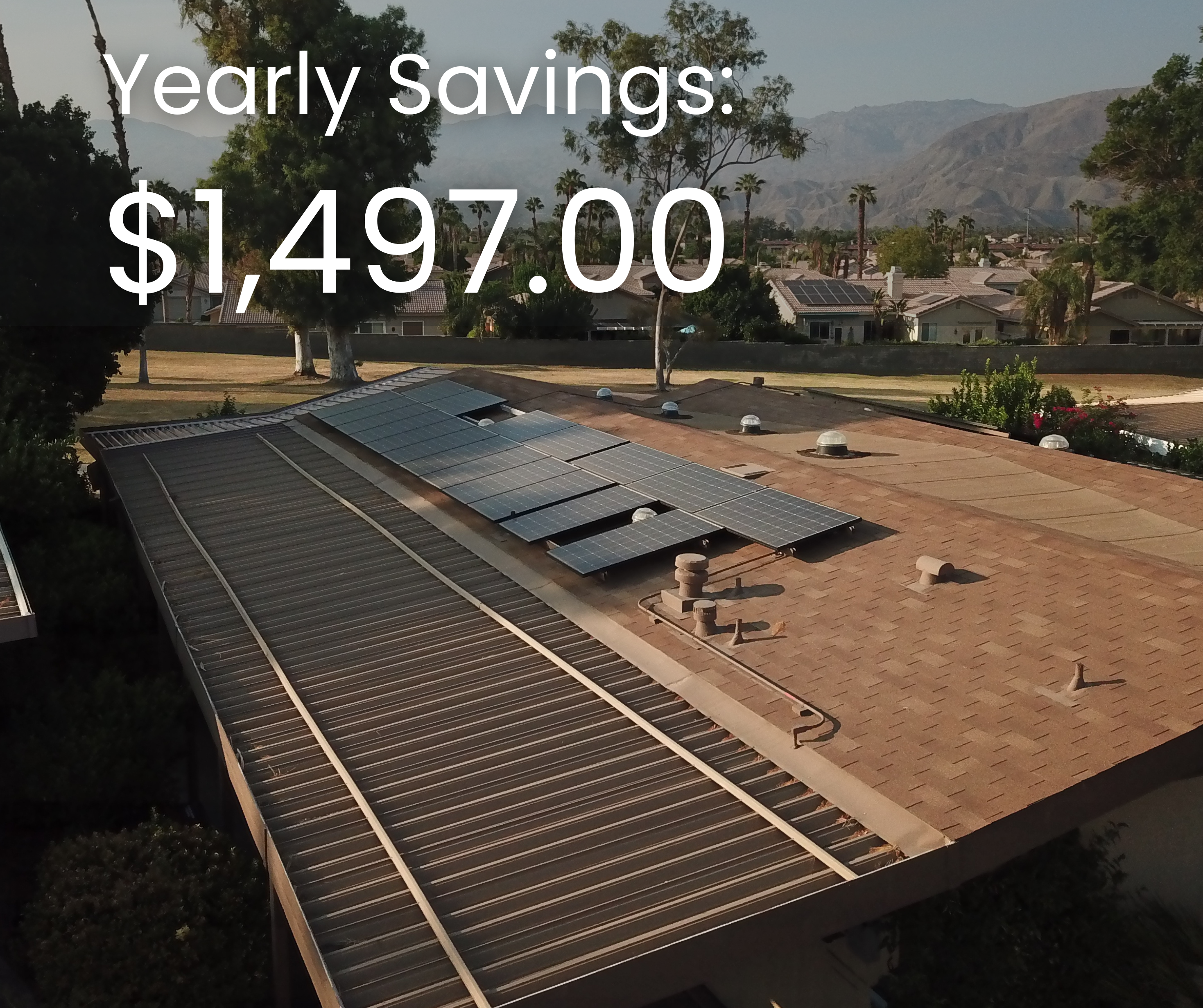 Roof with solar panels showcasing yearly savings of $1,497.00, highlighting solar energy benefits for mobile homes.