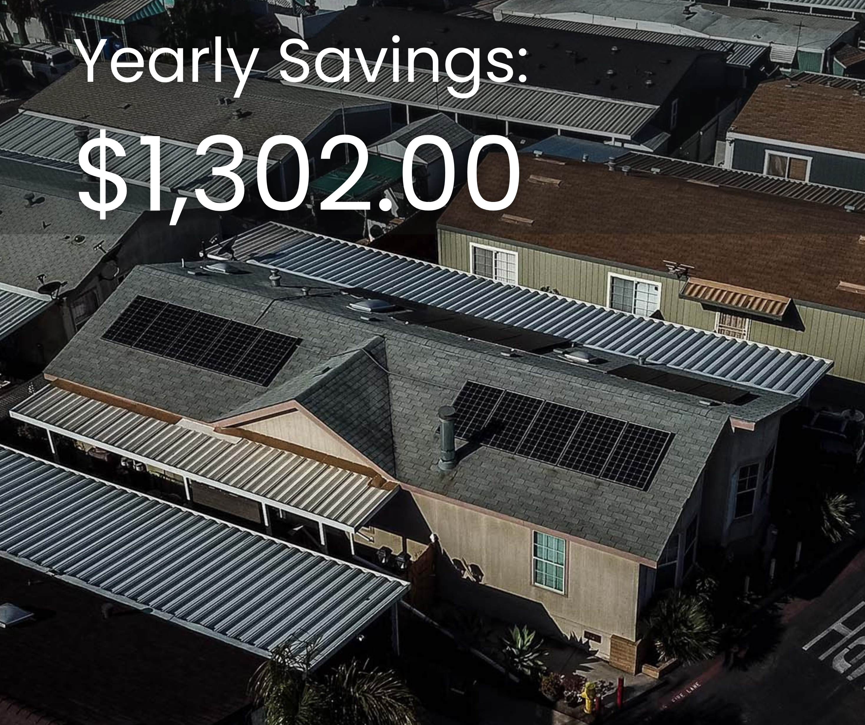Yearly savings of $1,302.00 displayed above a mobile home with solar panels on the roof, highlighting the financial benefits of solar energy for mobile home owners.