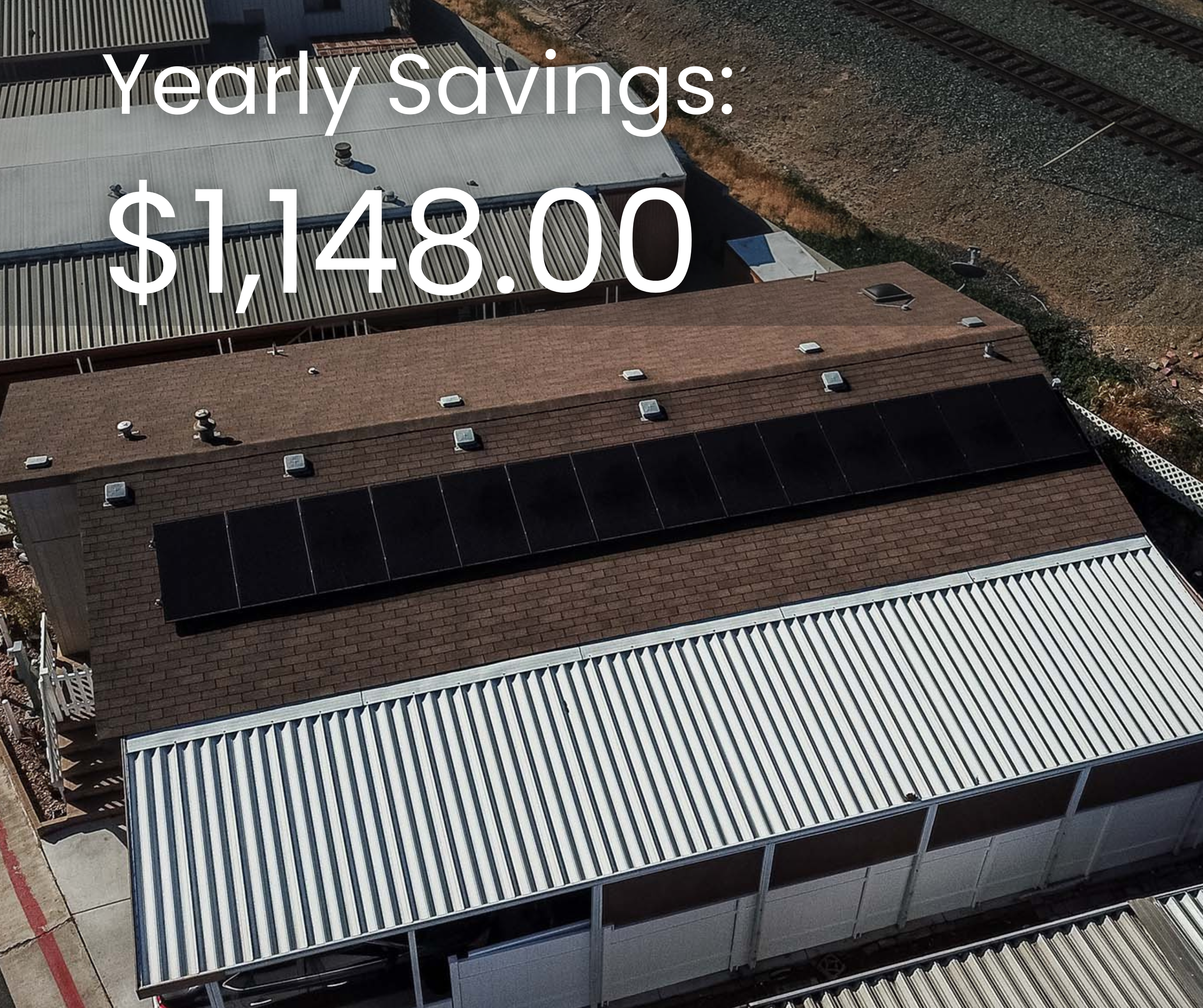 Aerial view of a mobile home with solar panels on the roof, displaying yearly savings of $1,148, emphasizing the benefits of solar energy for mobile home owners.