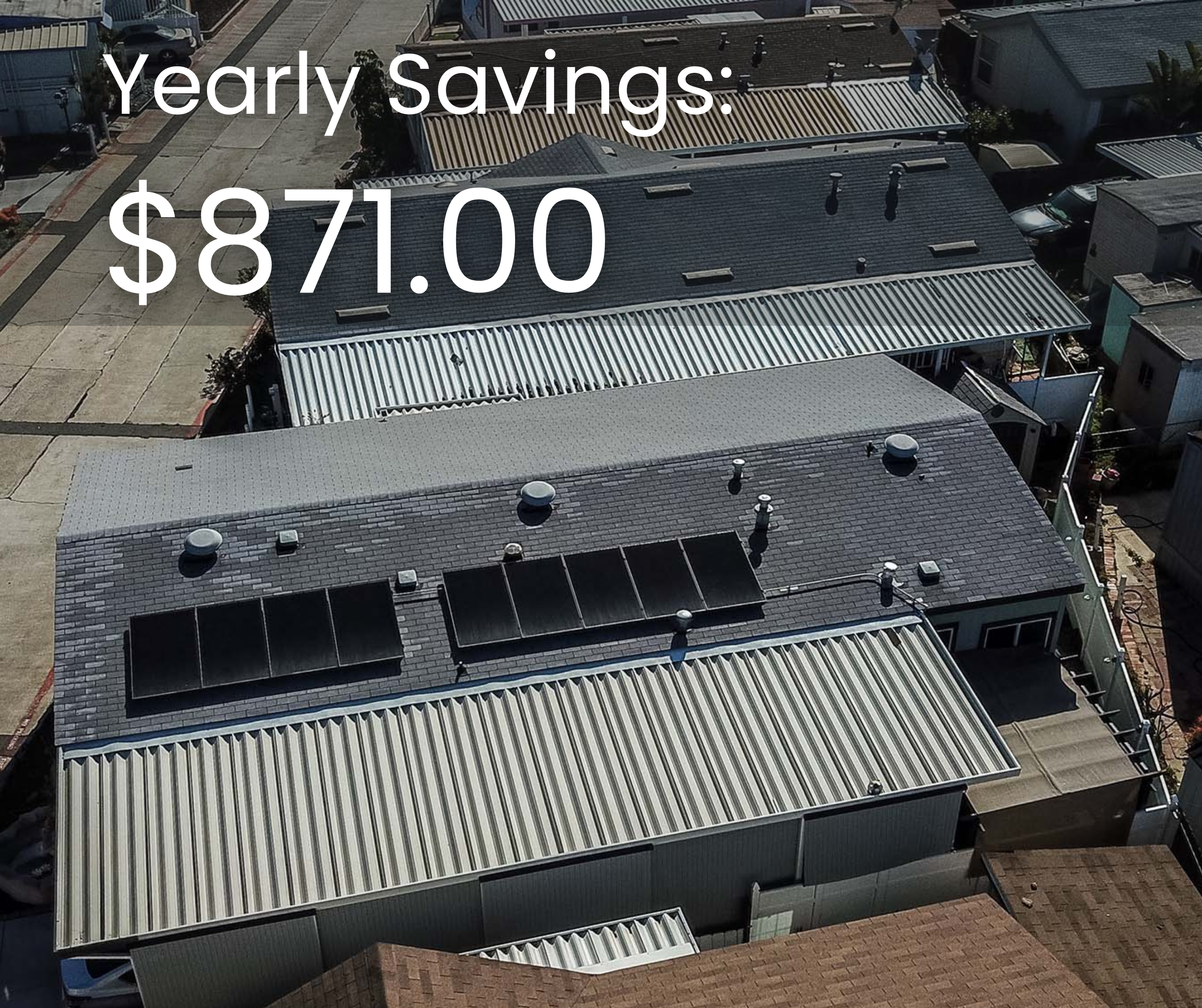 Yearly savings of $871.00 displayed over an aerial view of mobile homes with solar panels installed on rooftops, emphasizing affordable solar energy solutions for mobile and manufactured homes.