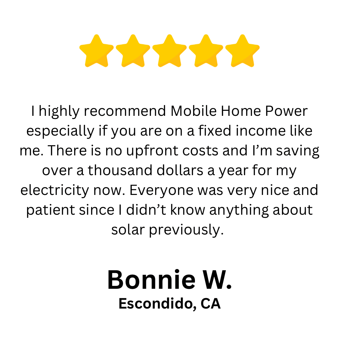Testimonial from Bonnie W. praising Mobile Home Power for solar savings, emphasizing no upfront costs and excellent customer service.
